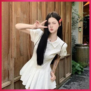 『ATC』小個子洋裝 甜款氣質襯衫洋裝女 2026夏日新款 收腰顯瘦 設計翻領泡泡短裙