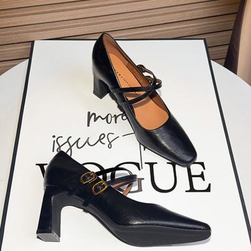 一字帶瑪麗珍女鞋2025年新款春夏季黑色職業方頭粗跟工作高跟單鞋