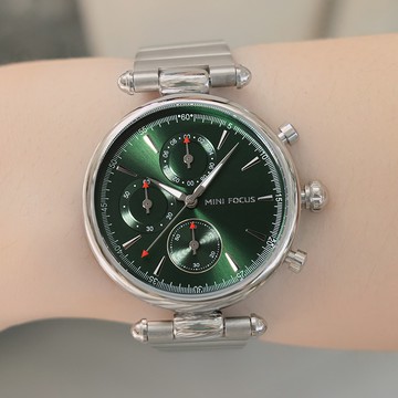 MINIFOCUS摩登愛情真三眼金屬鍊帶手錶【WMF0494】-綠面銀帶