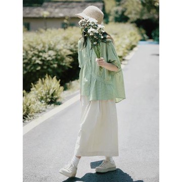 洋氣復古慵懶風不規則襯衫女夏季氣質溫柔風寬松減齡格子圓領上衣