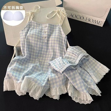 DUYI~夢詩 睡衣女款夏季帶胸墊雲朵棉吊帶短褲藍色格子學生家居服套裝