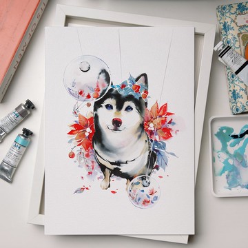 藝術微噴水彩畫 -【帶來祝福的聖誕柴柴】