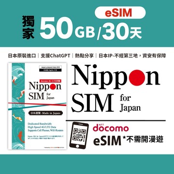 [ 日本長效eSIM ] Nippon SIM 50GB/30天｜Docomo｜ChatGPT｜熱點｜iPhone最愛