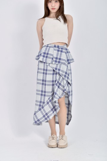 (S) endless rose質感格紋藍色長裙