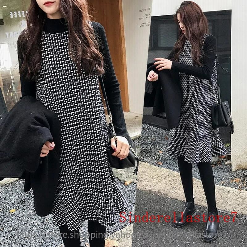 ワンピース レディース 秋冬 ロングワンピース スーツ ニットワンピース ロング ニット ハイネック ミディアム丈 千鳥格子柄 黒 ワン 通販 Lineポイント最大get Lineショッピング
