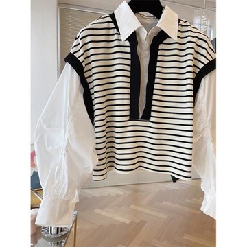 拼接條紋針織背心馬甲襯衫女秋冬Polo領襯衣設計感小眾假兩件上衣