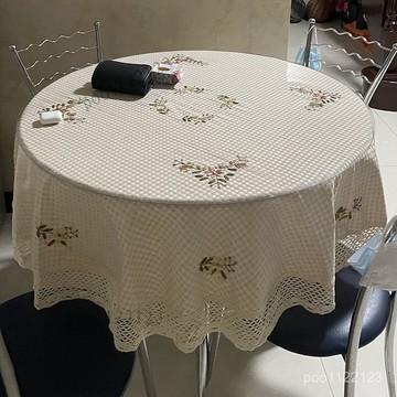 圓形桌布布藝棉麻絲帶繡花圓桌檯布桌墊防塵多用蓋布可水洗茶几布 簡約現代鏤空格子日系時尚桌布餐桌書桌櫃子 床頭櫃桌布蓋布