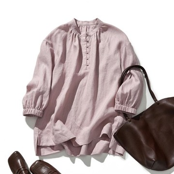 自然風亞麻長版上衣 寬鬆剪裁 休閒穿搭 透氣舒適 淺藤色240311-3