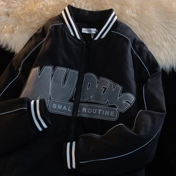 KKyesiou美式復古潮酷反光字母情侶棒球服男女黑白拼色2022春夾克