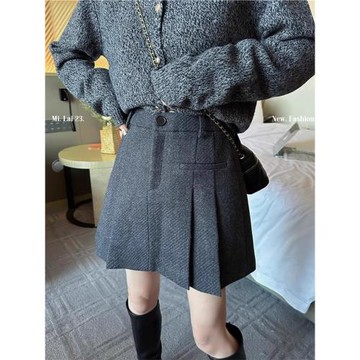 大碼灰色毛呢半身裙秋冬高腰設計感百褶裙胖mm遮胯顯瘦加厚短裙子