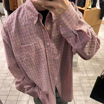 Our Legacy粉紅色泡泡紗襯衫慵懶風泡感格紋休閑寬松百搭長袖襯衣