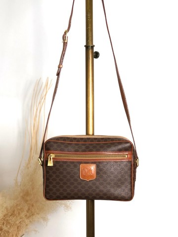 【VintageShop solo 日本直送中古包專賣店】CELINE 賽琳 Macadam 肩背包 棕色 凱旋門壓紋 PVC 皮革 vintage Old 7dx72b