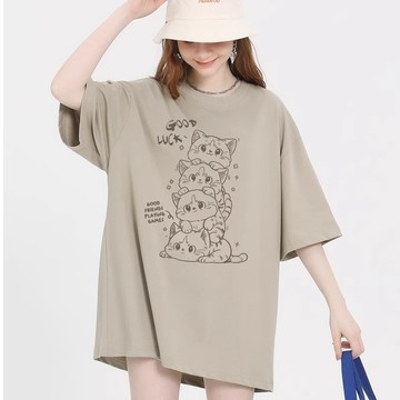現貨當天出！疊疊貓短袖 韓版上衣oversize t恤 100%純棉 短袖t恤女 寬鬆t恤大尺碼上衣 情侶裝 重磅t恤