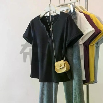 【佈小九】女生短T 短袖【40支精棉210克】新款T恤春夏排扣V領顯瘦純欲純色上衣女