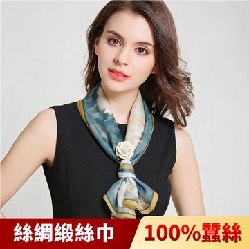 【I.Dear】100%蠶絲彩繪印花絲綢緞真絲圍巾長絲巾(山茶花藍)