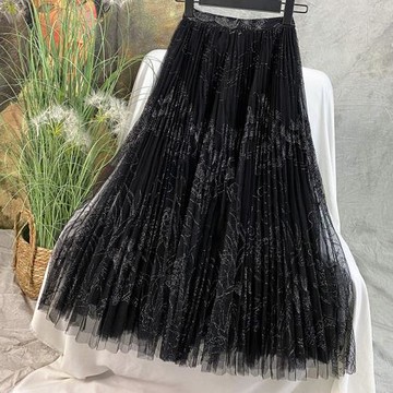 重工閃絲刺繡網紗裙夢幻半身裙中長款女2025春季新款a字百褶裙子