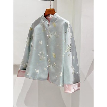 新中式中國風灰色提花宋錦外套女2025早秋新款小個子唐裝盤扣上衣