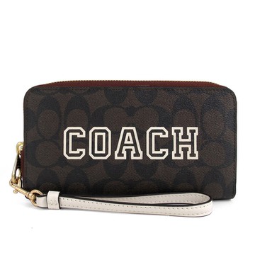 COACH 品牌大LOGO防刮滿版手掛式拉鍊長夾(咖啡粉筆白)