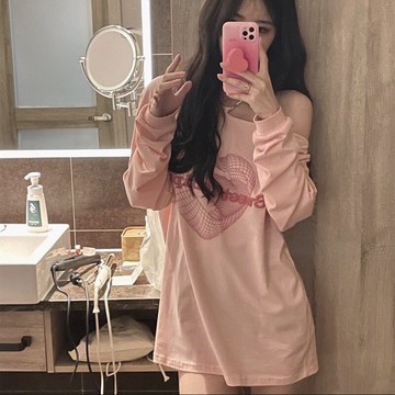 愛心辣妹衛衣女春秋寬松薄款打底衫潮流設計感小眾中長款露肩上衣