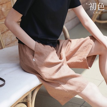 初色 棉麻風寬鬆純色鬆緊中腰抽繩口袋五分短褲休閒褲寬褲-共3色-35011(M-2XL可選/現貨+預購)