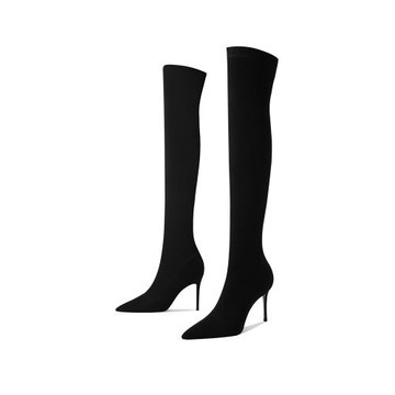 HOOV A/W小眾黑色過膝長靴秋新款尖頭高跟靴子細跟彈力羊皮長筒靴