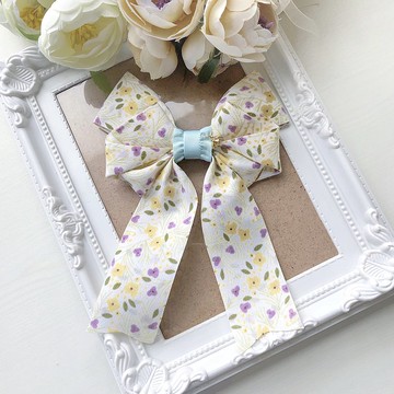 兒童小孩大款長尾蝴蝶結-米白色花園