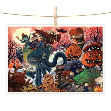 afu水彩插畫明信片 - 萬聖小夜遊