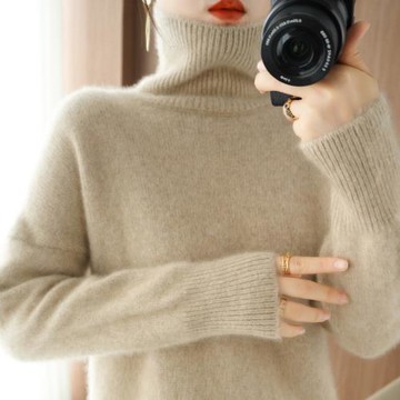 美麗諾100%純羊毛衫女高領套頭顯瘦寬松毛衣百搭針織打底衫上衣厚