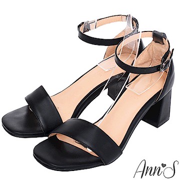 Ann’S不踩雷美腿製造機一字帶涼鞋-寬帶6公分中跟-黑