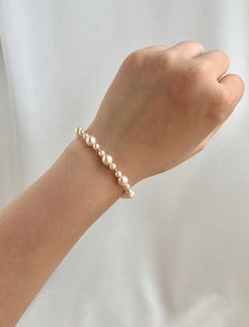 日本直送 香檳色4+6.5mm Akoya珍珠手鏈 18k黃金 小金球 可調節