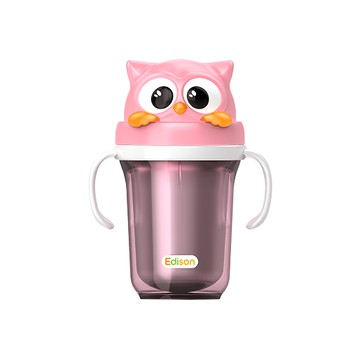 Edison 愛迪生貓頭鷹3D不銹鋼雙握把吸管水杯 300ml BPA Free  粉紅色  1個