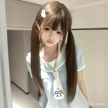 🔥桃園有貨🔥假頭髮女黑長直Lolita萌妹少蘿齊劉海棕色70cm直髮雙馬尾jk全頭套 MZJY