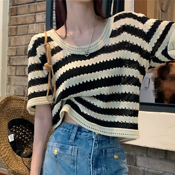 【韓國K.W.】KN3366韓國進口完美百搭針織涼爽人氣造型韓國進口紗上衣(涼感/刺繡/小香風/中大尺碼)