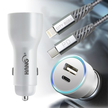HANG 41W藍光顯示Type-C PD+QC4.0車充+高強度抗彎折 鋁合金PD 60W C to Lightning快充線-白銀/黑紅組