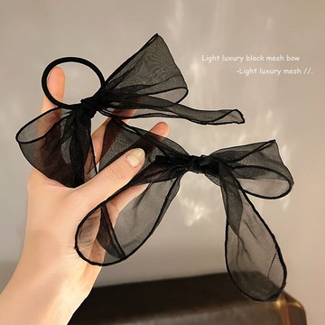 黑色網紗蝴蝶結發夾女扎頭發橡皮筋發圈網紅氣質簡約側邊夾子頭飾
