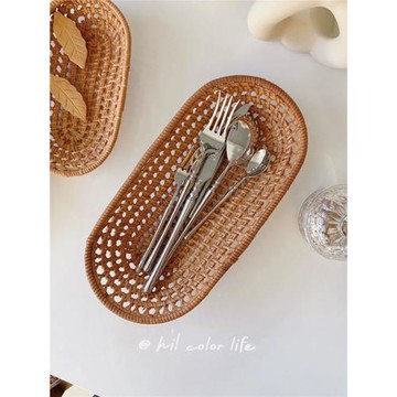 復古ins風日式進口藤編鏤空果籃小號點心編織籃毛巾收納托盤杯墊