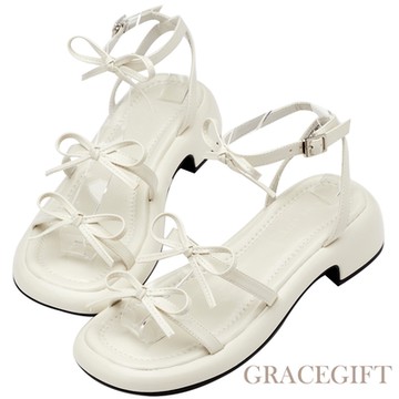 【Grace Gift】氣質細帶蝴蝶結繫踝中跟涼鞋 白