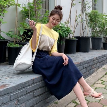 La Belleza圓領撞色腰抽繩寬鬆配色棉質洋裝