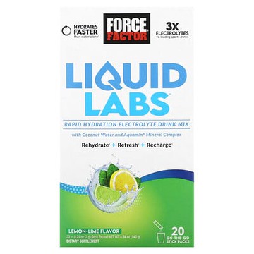 Force Factor, Liquid Labs™，快速補水電解質混合飲品，檸檬酸橙味，20 條，每條 0.25 盎司（7 克）