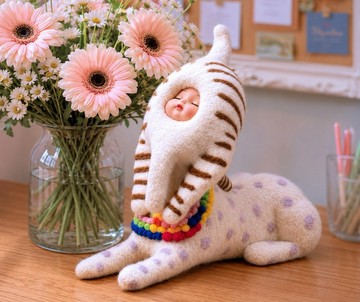 針氈羊毛 Sphinx 公仔 – 奶油色羊毛、淺紫色圓點、彩虹圍巾