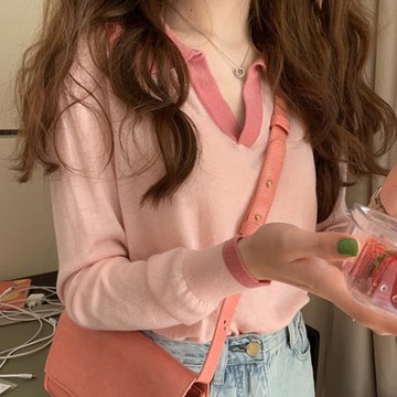 韓系chic慵懶粉色溫柔長袖薄款針織Polo衫女春秋奶系穿搭打底上衣