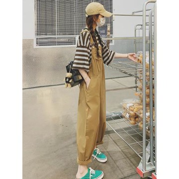 美式工裝背帶褲套裝女夏2024新款網紅小個子兩件套闊腿褲連體褲