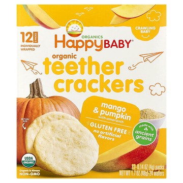 Happy Family Organics, Happy Baby，有機磨牙餅乾，芒果和南瓜及莧菜，12 包，每包 0.14 盎司（4 克）