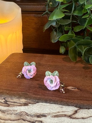 洋桔梗 水晶 粉 亮漆 黃銅可調式耳夾
