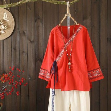 中國風女裝重工刺繡文藝棉麻寬松襯衫女套頭系帶春夏茶服上衣女