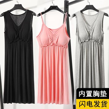 吊帶背心睡裙女夏季薄款莫代爾帶胸墊可外穿睡衣無袖家居服連衣裙