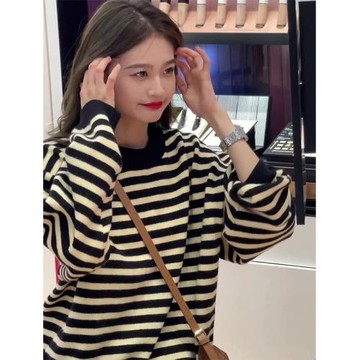2025年新款秋冬季長袖上衣女設計感小眾秋冬裝女裝條紋顯瘦衛衣女