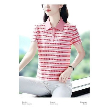 媽媽裝女裝｜2026夏季新款｜Polo翻領短袖T恤｜韓系｜條紋設計｜修飾身形顯瘦｜時尚百搭