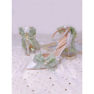 綠色系蝴蝶結洛麗塔高跟鞋珍珠流蘇鈴蘭森系花嫁中空腕帶新娘女鞋
