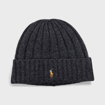 RALPH LAUREN POLO POLO 經典小馬刺繡 羊毛混紡反摺針織毛帽(深灰 中性款)